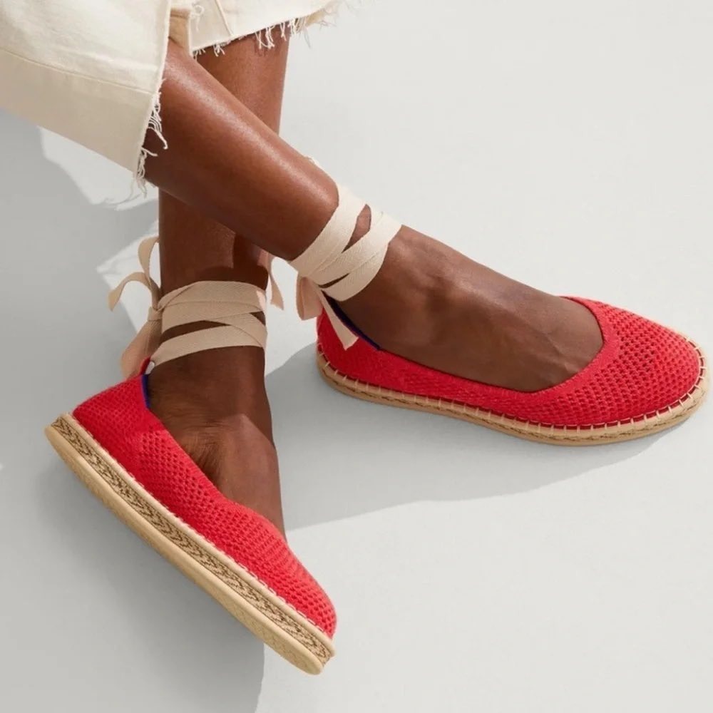 Rothy's Red Knit Lace Up Espadrille Flats Ankle Tie Shoes Size 6.5